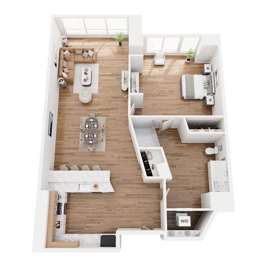 Rendering of the A1 floor plan with 1 bedroom[s] and 1 bathroom[s] at 44 Monroe