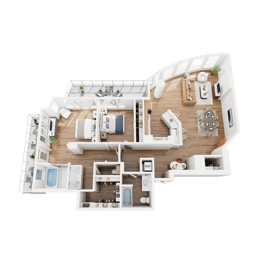 Rendering of the B4-PH1 floor plan with 2 bedroom[s] and 2 bathroom[s] at 44 Monroe