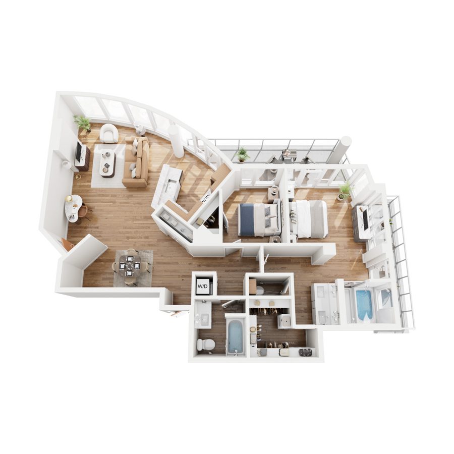 Rendering of the B5-PH2 floor plan with 2 bedroom[s] and 2 bathroom[s] at 44 Monroe