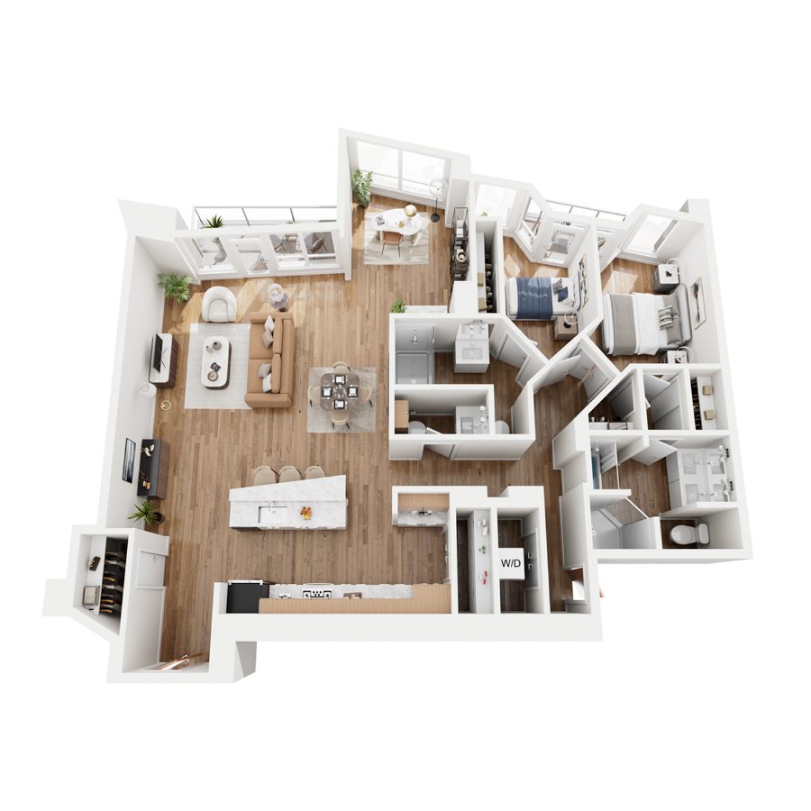 Rendering of the B6 floor plan with 2 bedroom[s] and 2.5 bathroom[s] at 44 Monroe