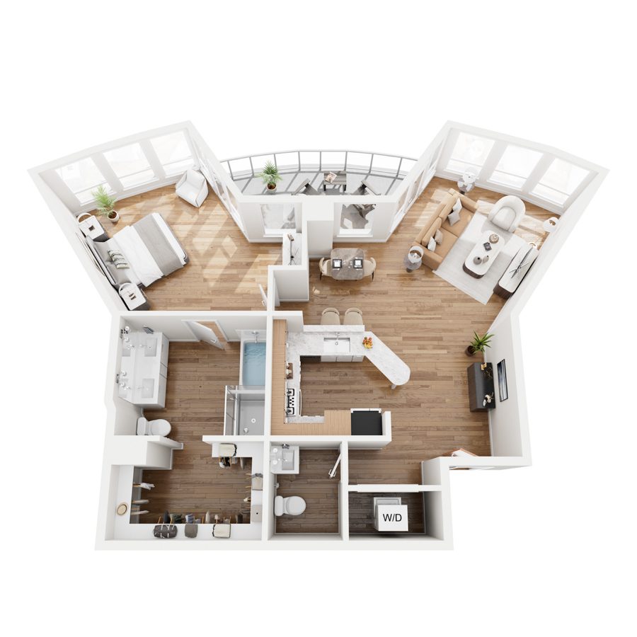 Rendering of the A4 floor plan with 1 bedroom[s] and 1.5 bathroom[s] at 44 Monroe
