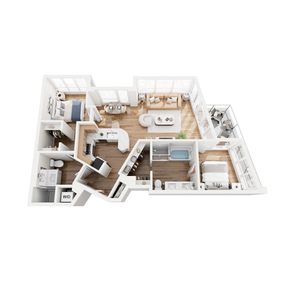 Rendering of the B1 floor plan with 2 bedroom[s] and 2 bathroom[s] at 44 Monroe