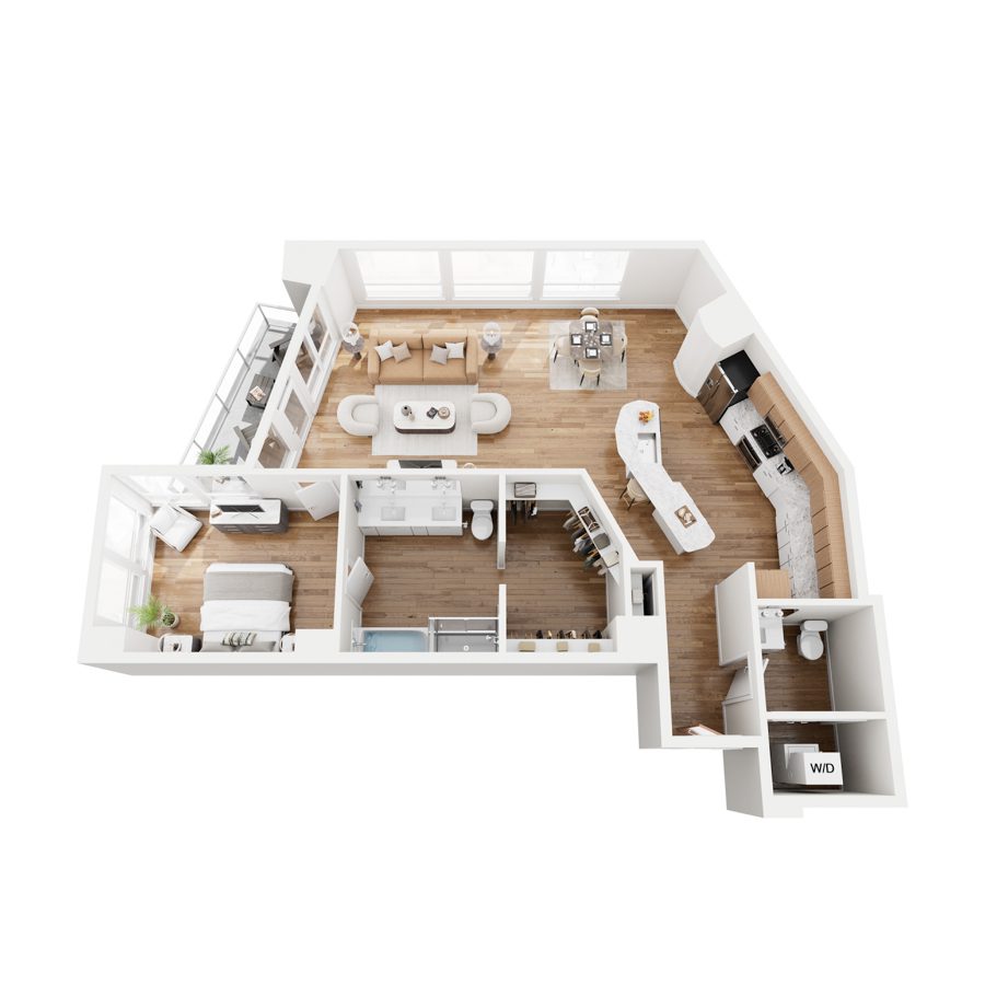 Rendering of the A5 floor plan with 1 bedroom[s] and 1.5 bathroom[s] at 44 Monroe